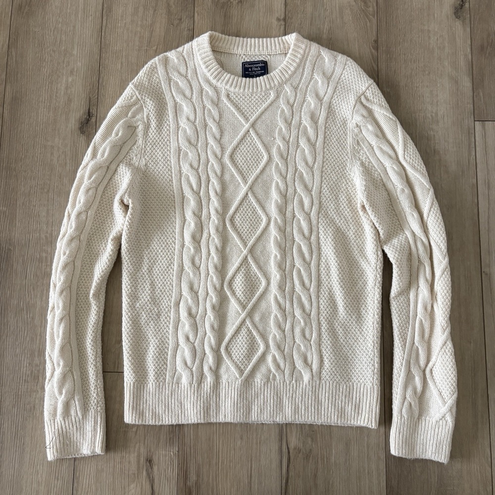 A&F Cream Knit Wool Blend Crewneck Pullover Jumper Large Men's Ivory Long Sleeve